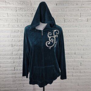 Just My Size Women's 2X Plus Green Sequin Velour Hoodie Zip Up Jacket SWE187E